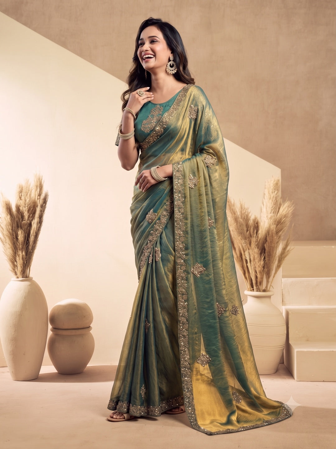 Peachmode Teal Tissue Organza Silk Saree With Ready Blouse - Image 5