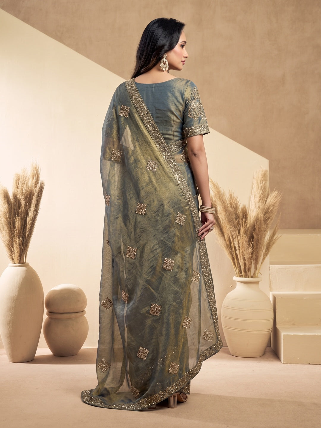 Peachmode Dark Green Tissue Organza Silk Saree With Ready Blouse - Image 3