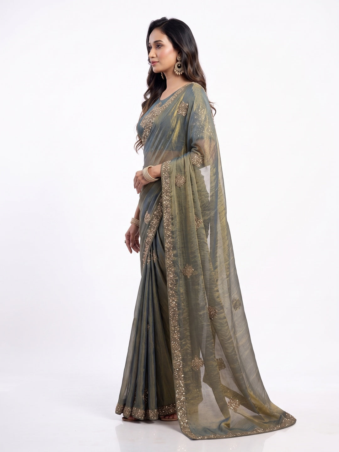 Peachmode Dark Green Tissue Organza Silk Saree With Ready Blouse - Image 4