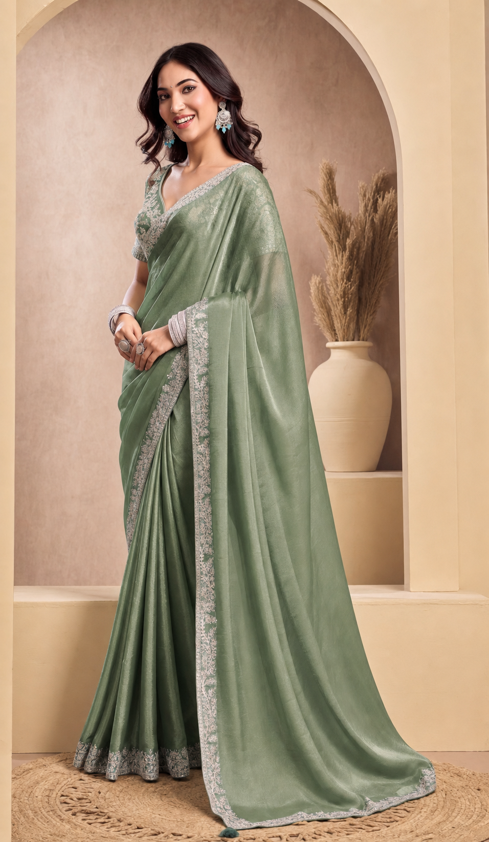 Peachmode Sage Green Tissue Organza Silk Saree With Ready Blouse - Image 2