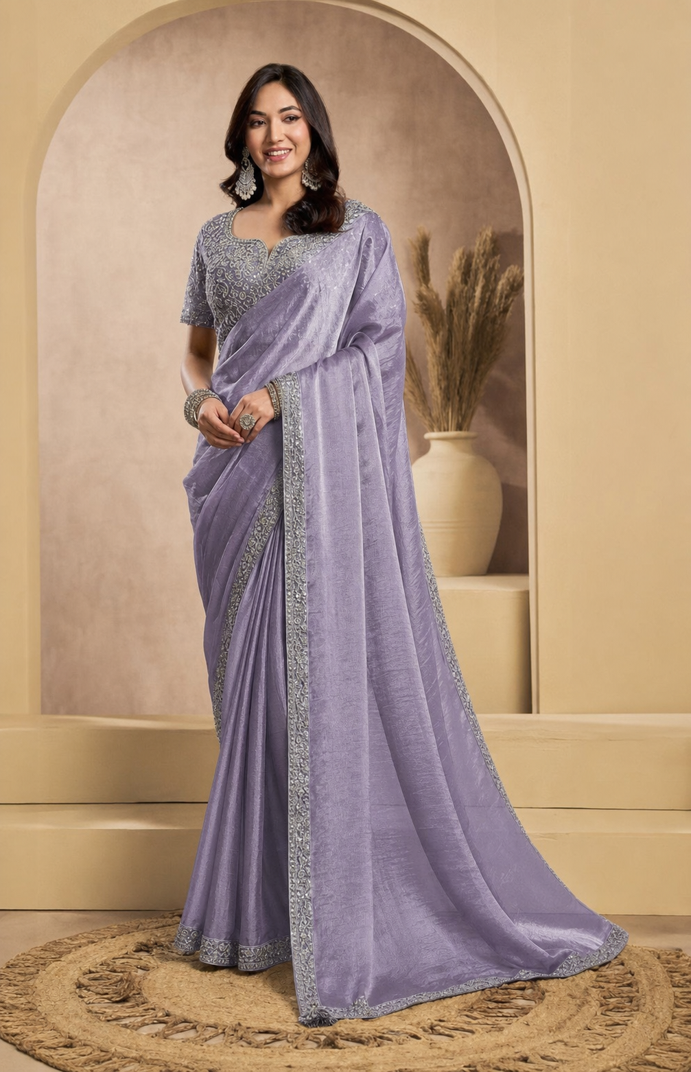 Peachmode Lavender Tissue Organza Silk Saree With Ready Blouse - Image 2