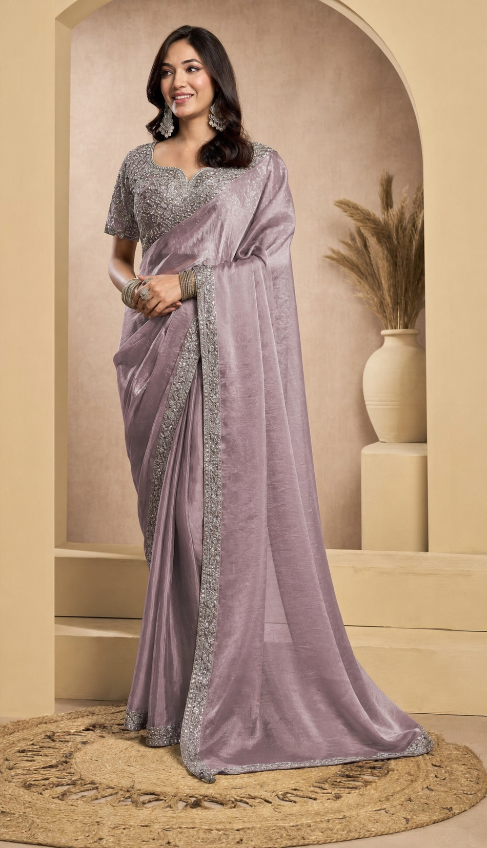 Peachmode Mauve Tissue Organza Silk Saree With Ready Blouse - Image 2