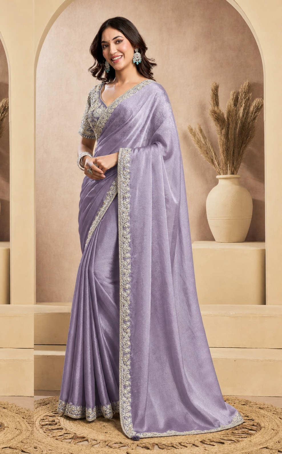 Peachmode Lavender Tissue Organza Silk Saree With Ready Blouse - Image 2