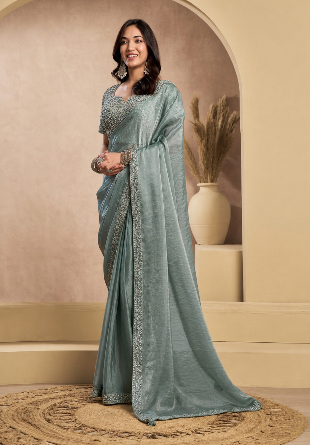 Peachmode Sage Green Tissue Organza Silk Saree With Ready Blouse - Image 2