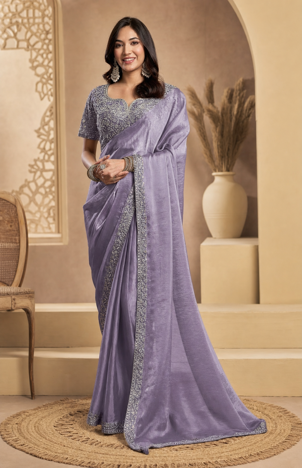 Peachmode Lavender Tissue Organza Silk Saree With Ready Blouse - Image 1