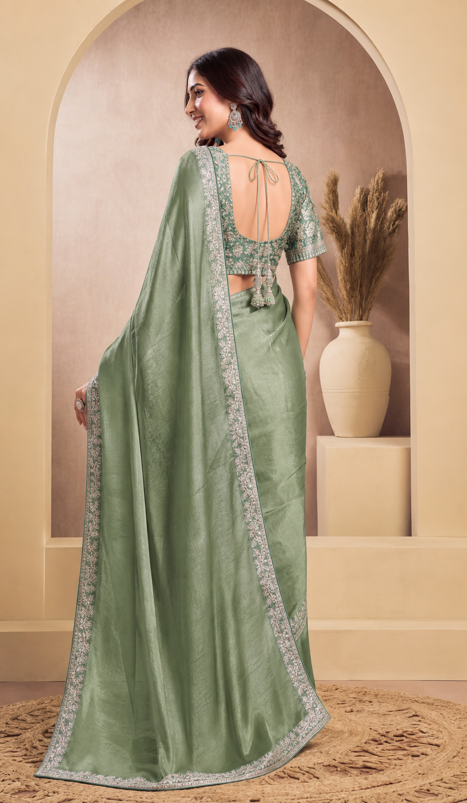 Peachmode Sage Green Tissue Organza Silk Saree With Ready Blouse - Image 5