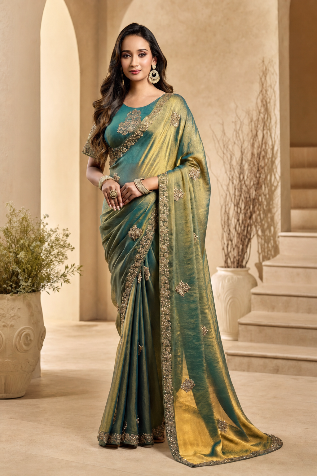 Peachmode Teal Tissue Organza Silk Saree With Ready Blouse - Image 1