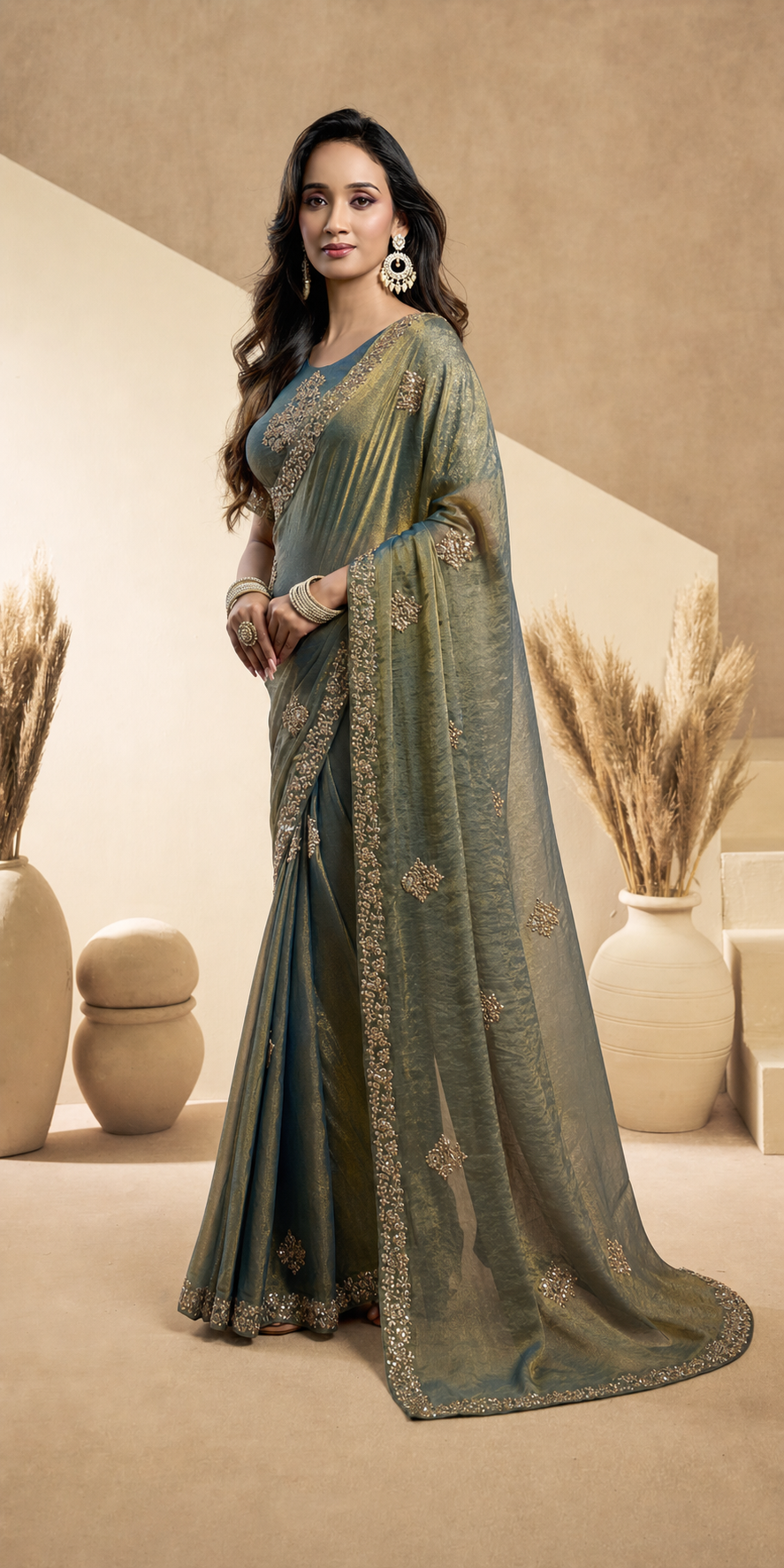 Peachmode Dark Green Tissue Organza Silk Saree With Ready Blouse - Image 2
