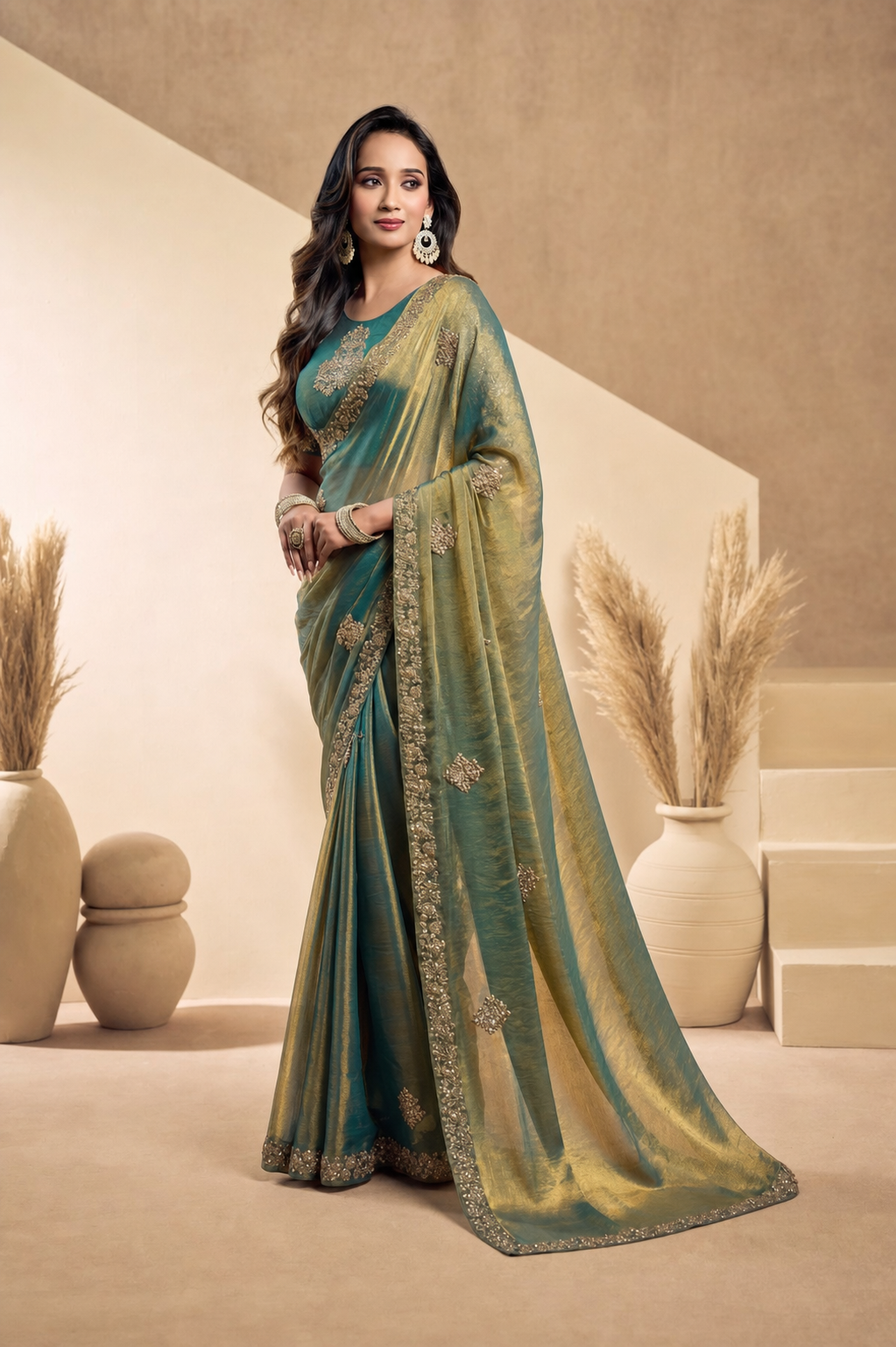 Peachmode Teal Tissue Organza Silk Saree With Ready Blouse - Image 2