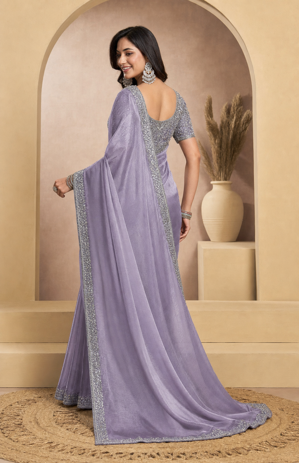 Peachmode Lavender Tissue Organza Silk Saree With Ready Blouse - Image 5