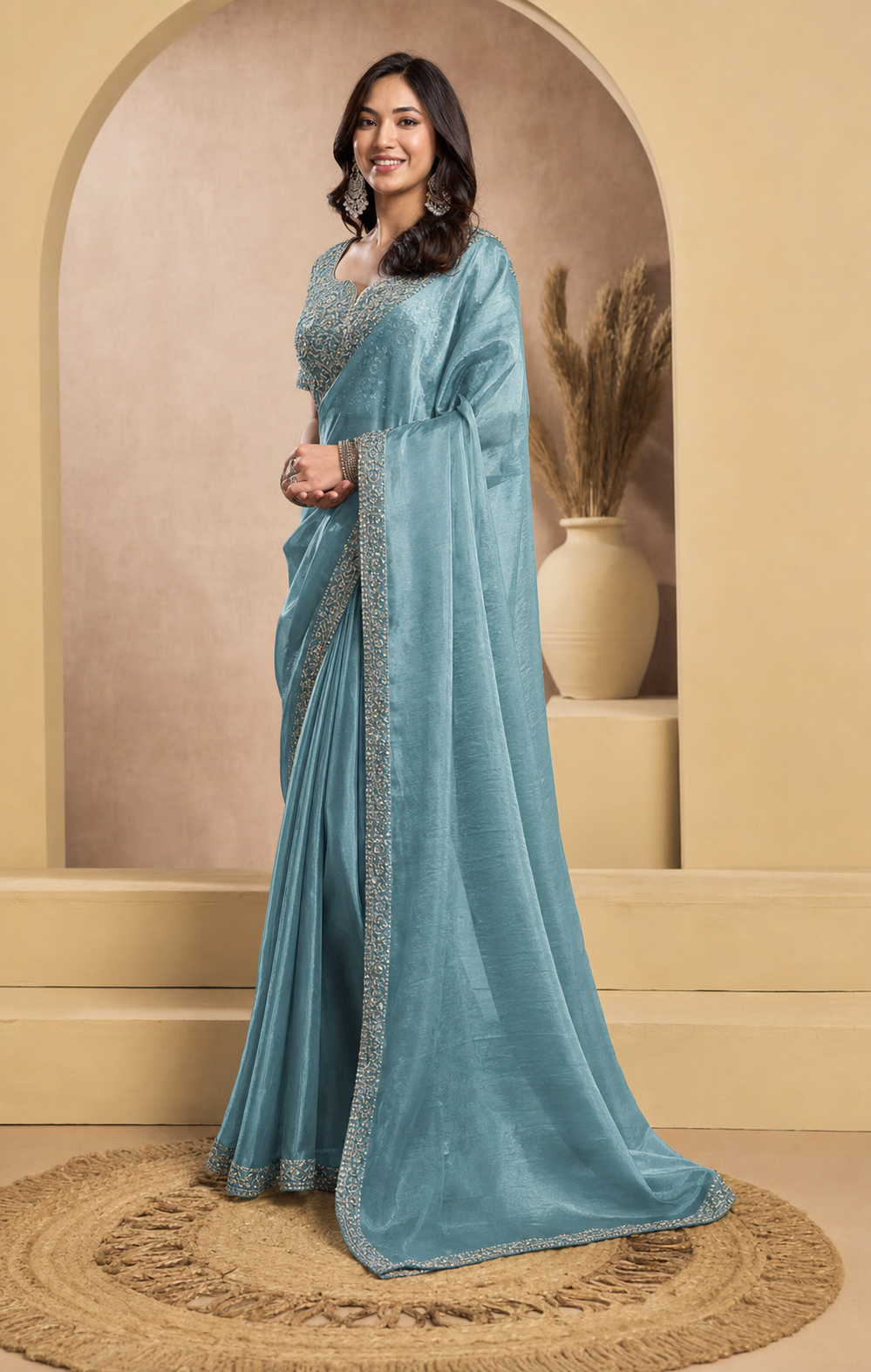 Peachmode Aqua Tissue Organza Silk Saree With Ready Blouse - Image 2