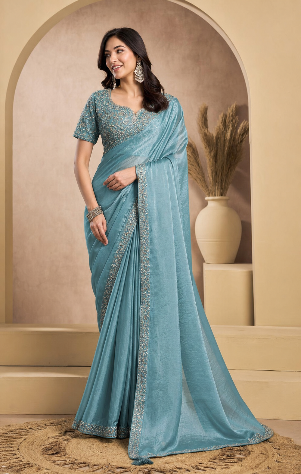 Peachmode Aqua Tissue Organza Silk Saree With Ready Blouse - Image 3