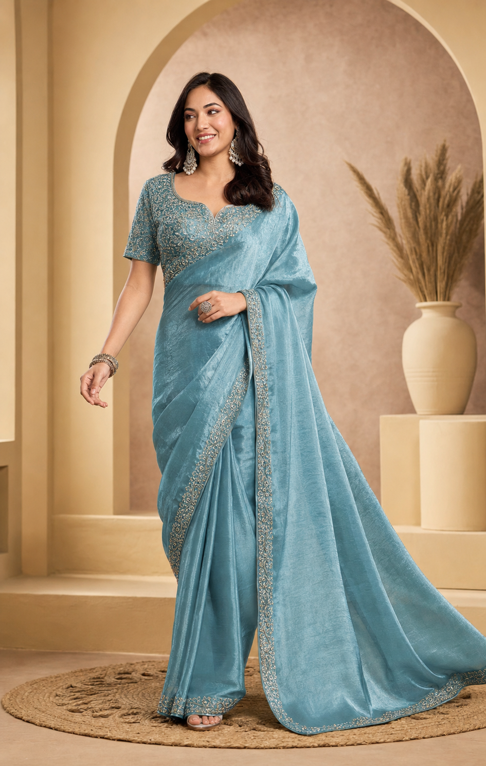 Peachmode Aqua Tissue Organza Silk Saree With Ready Blouse - Image 5