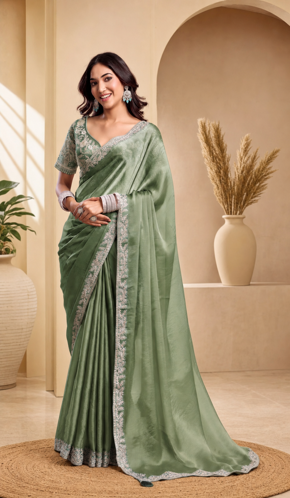 Peachmode Sage Green Tissue Organza Silk Saree With Ready Blouse - Image 1