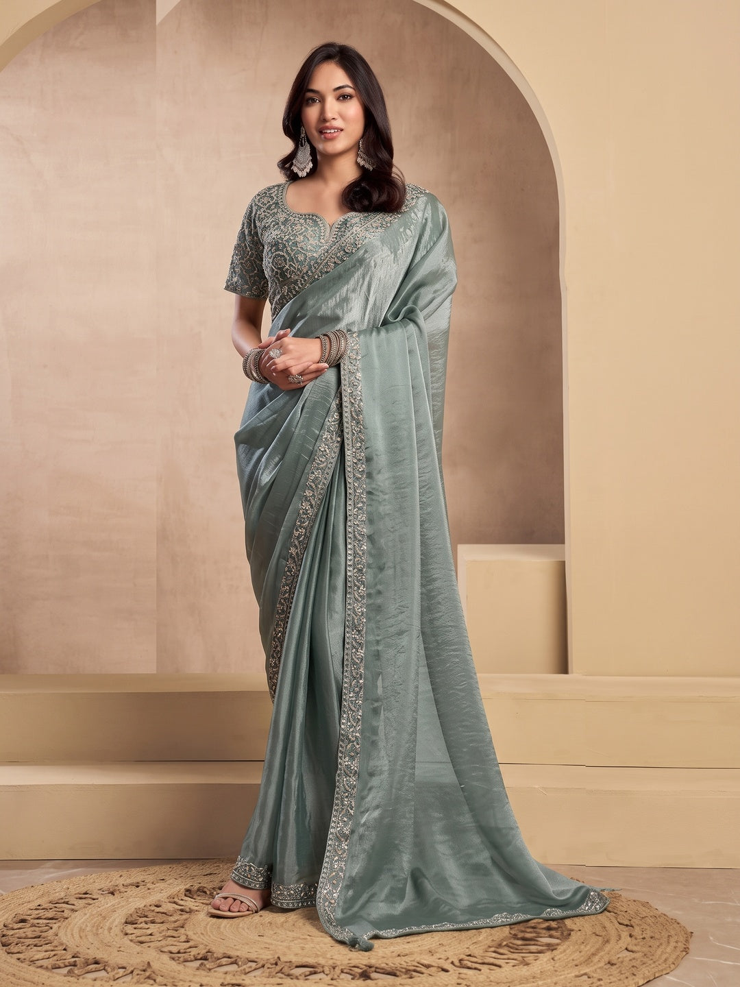Peachmode Sage Green Tissue Organza Silk Saree With Ready Blouse - Image 1