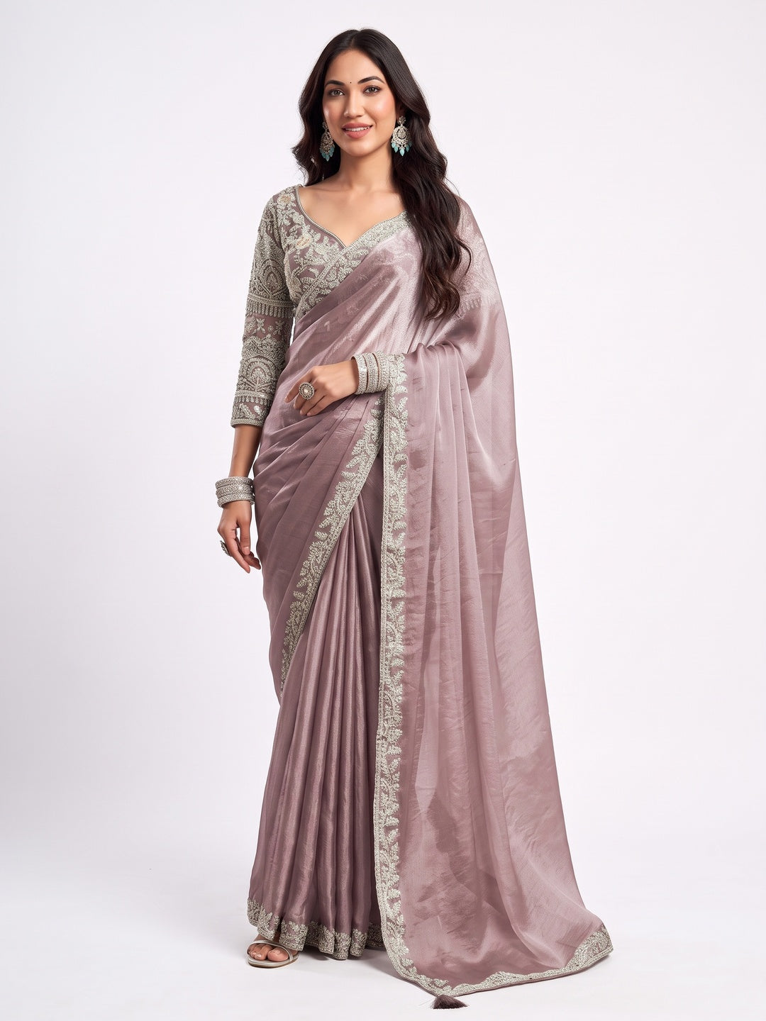Peachmode Mauve Tissue Organza Silk Saree With Ready Blouse - Image 1