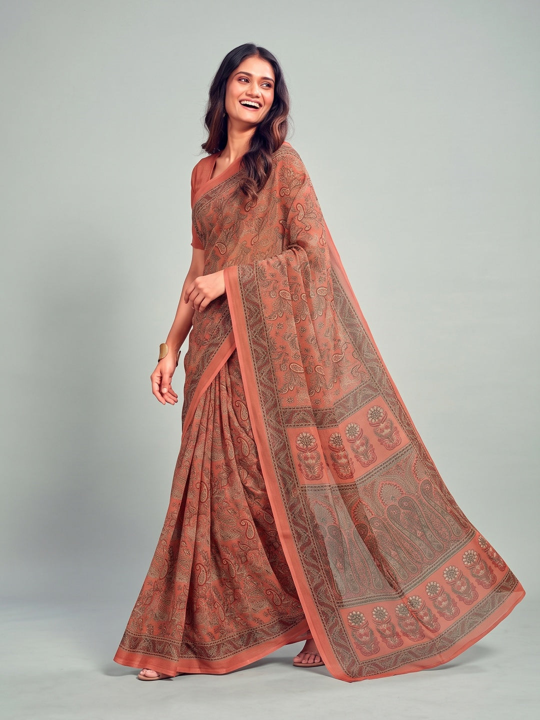 Peachmode Peach Printed Smart Chiffon Saree - Image 3