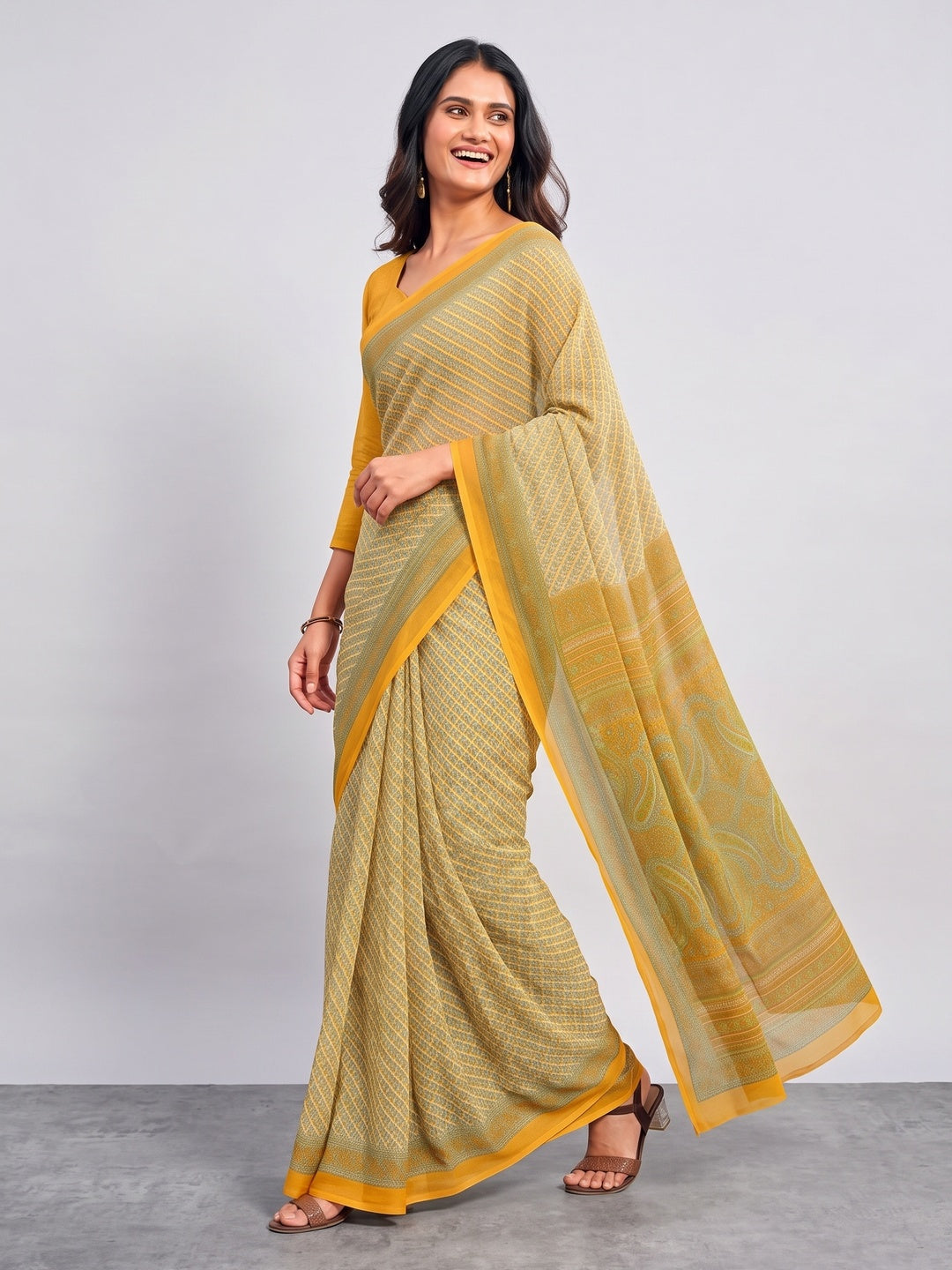 Peachmode Mustard Printed Smart Chiffon Saree - Image 3
