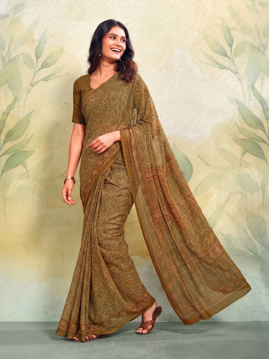Peachmode Brown Printed Smart Chiffon Saree - Image 3