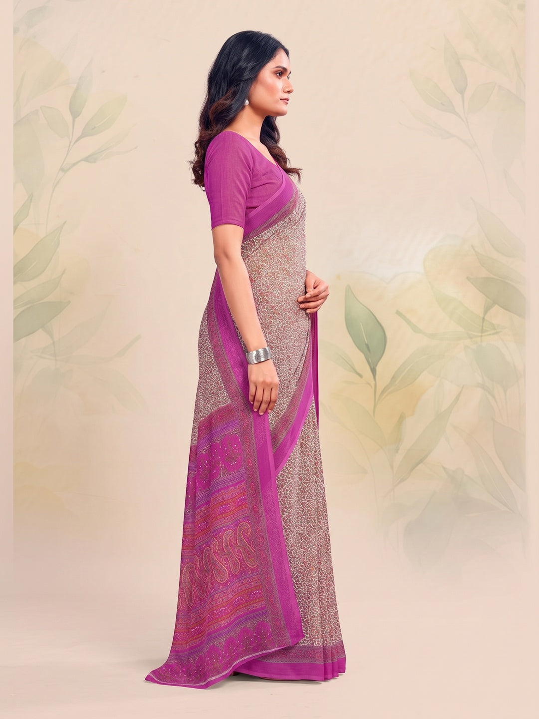 Peachmode Magenta Printed Smart Chiffon Saree - Image 4
