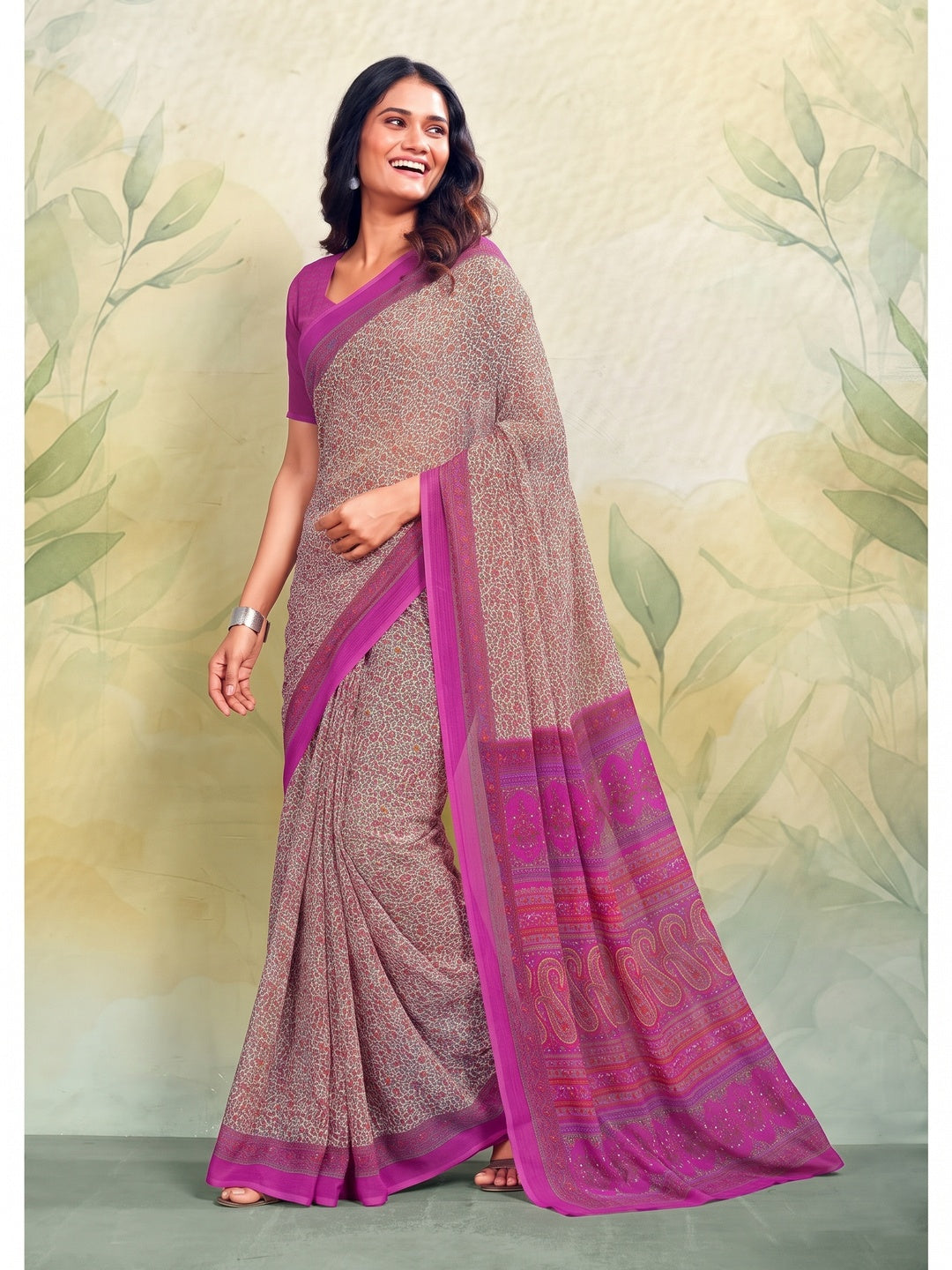 Peachmode Magenta Printed Smart Chiffon Saree - Image 5