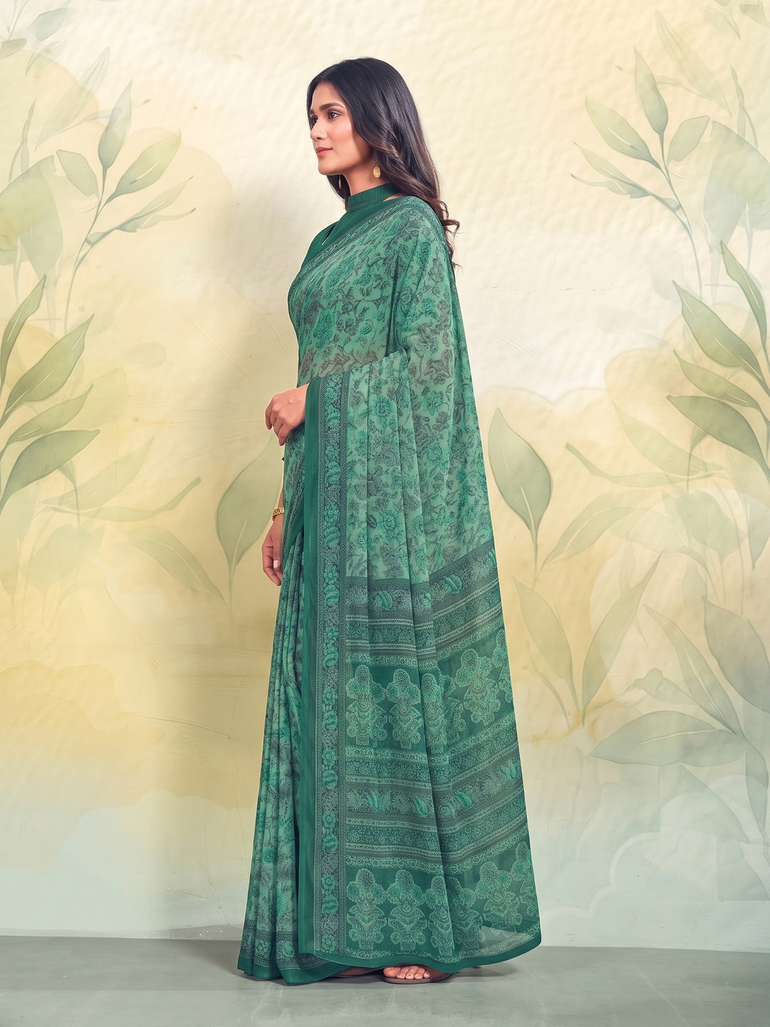 Peachmode Sea Green Printed Smart Chiffon Saree - Image 3