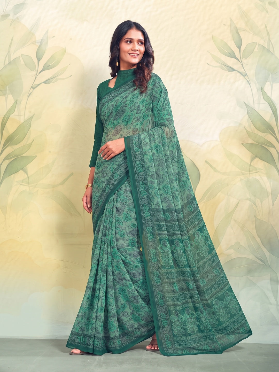 Peachmode Sea Green Printed Smart Chiffon Saree - Image 4