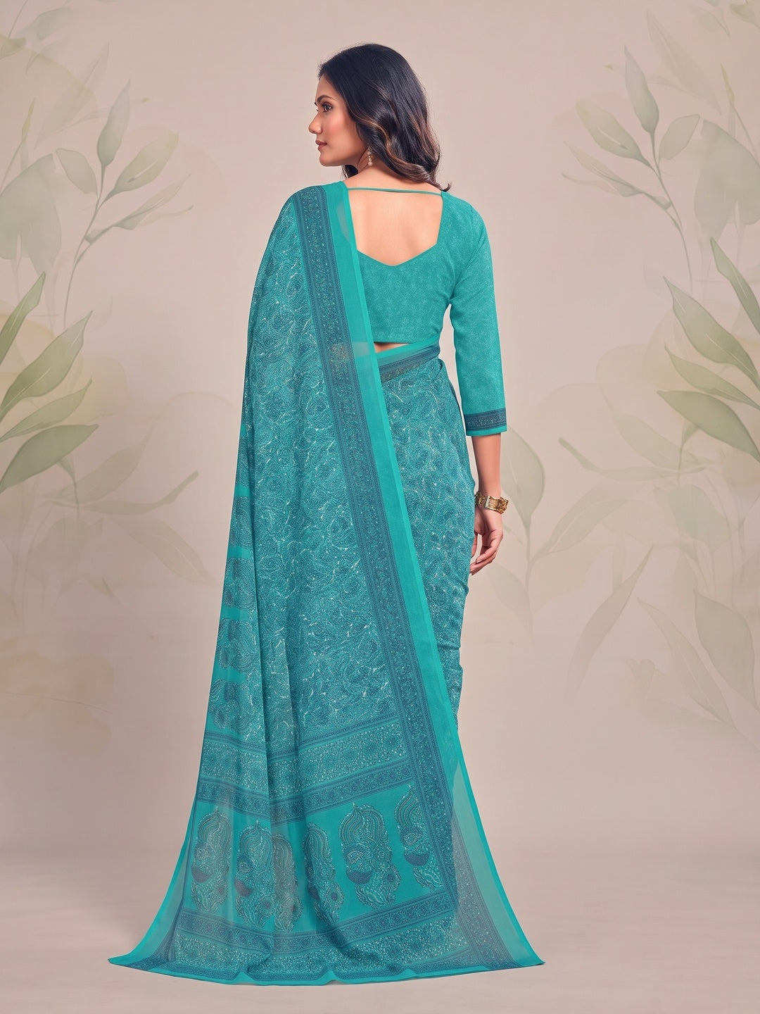 Peachmode Turquoise Printed Smart Chiffon Saree - Image 3