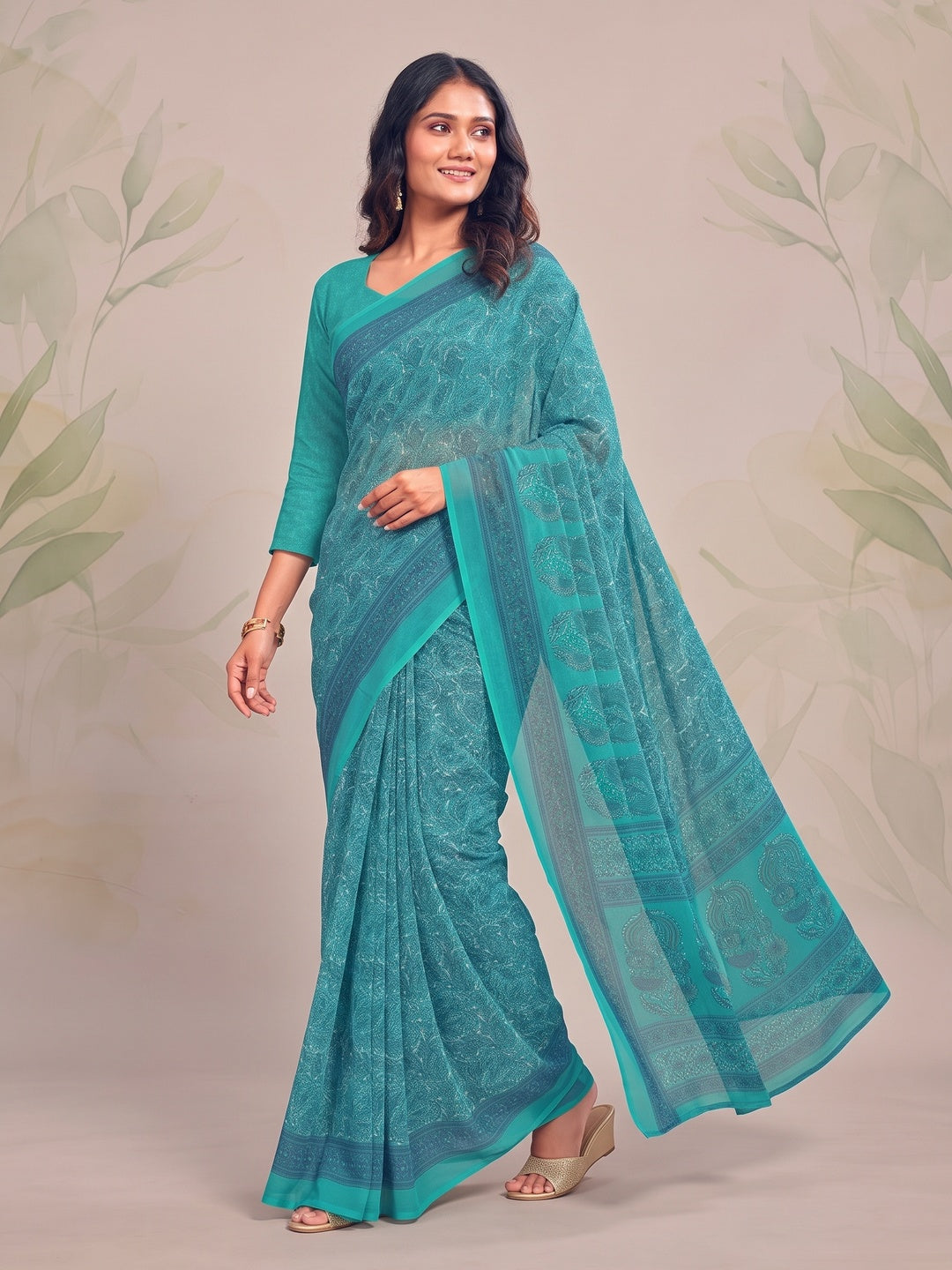 Peachmode Turquoise Printed Smart Chiffon Saree - Image 5