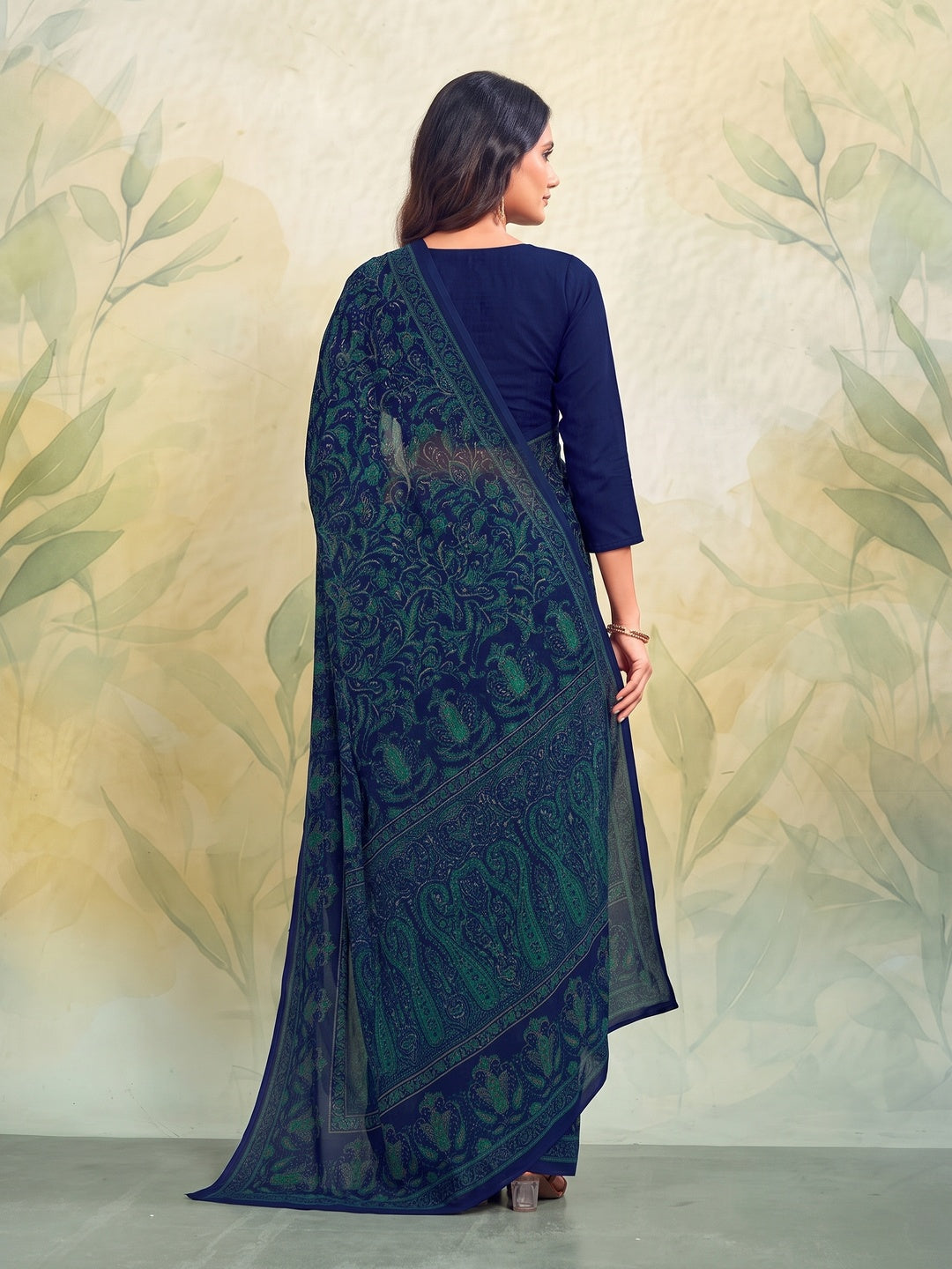 Peachmode Navy Blue Printed Smart Chiffon Saree - Image 3