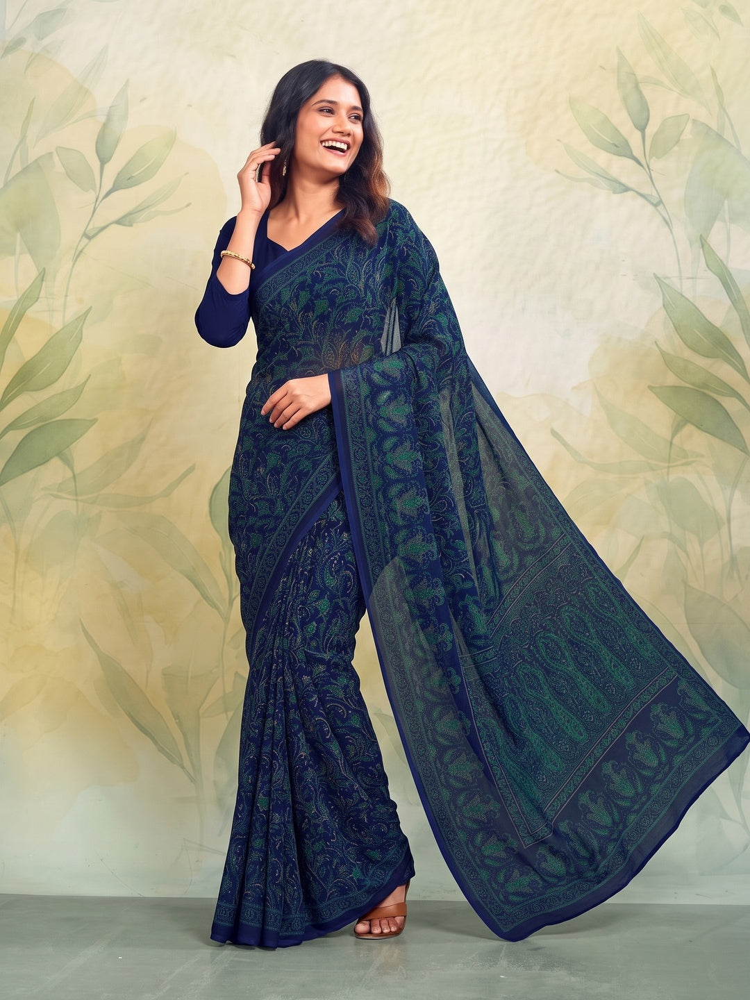 Peachmode Navy Blue Printed Smart Chiffon Saree - Image 5