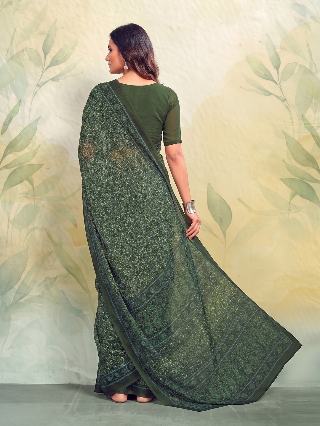 Peachmode Dark Green Printed Smart Chiffon Saree - Image 3