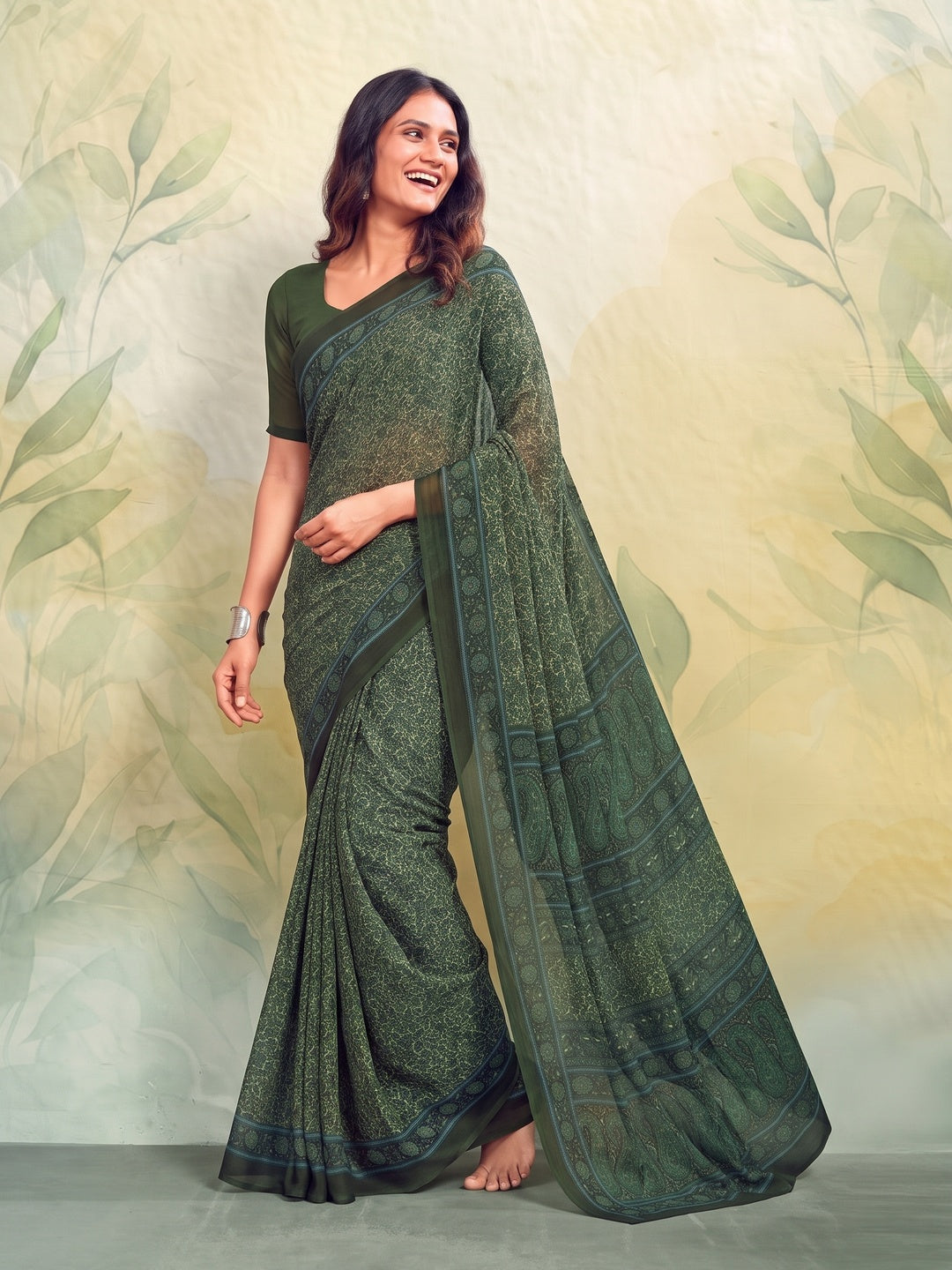 Peachmode Dark Green Printed Smart Chiffon Saree - Image 5