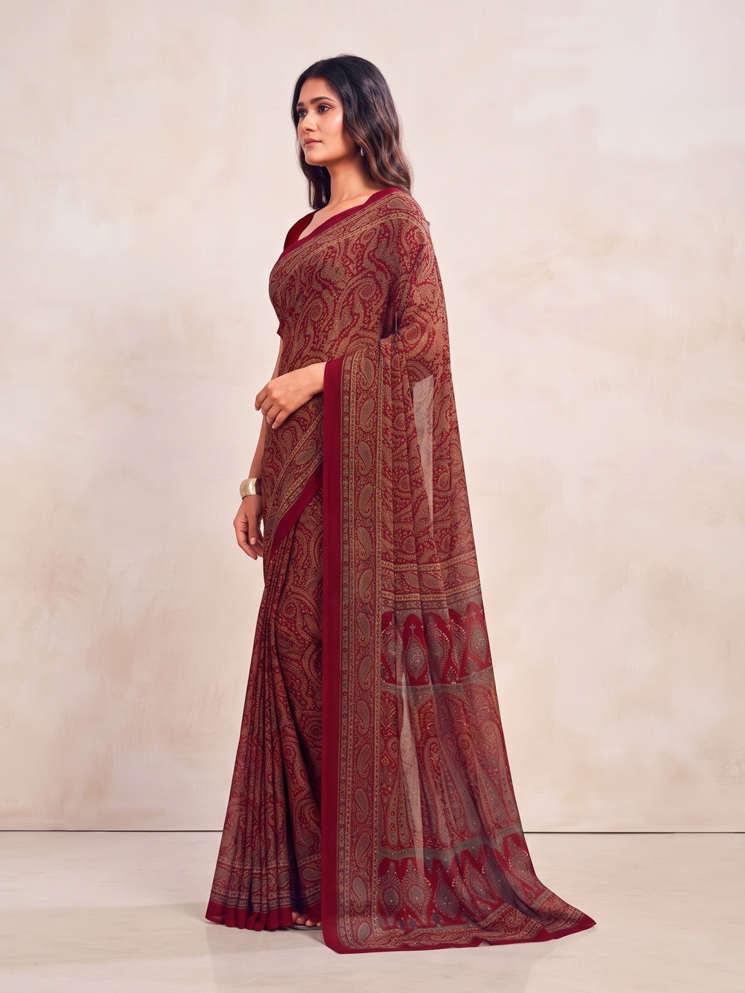Peachmode Maroon Printed Smart Chiffon Saree - Image 3