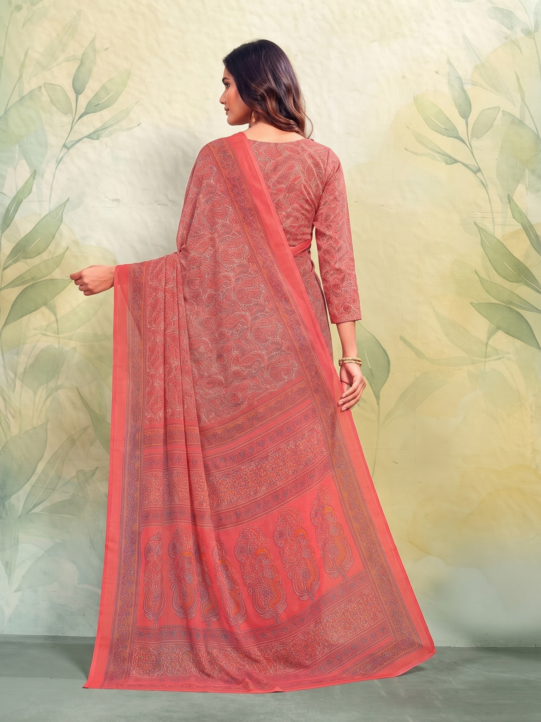 Peachmode Coral Printed Smart Chiffon Saree - Image 3
