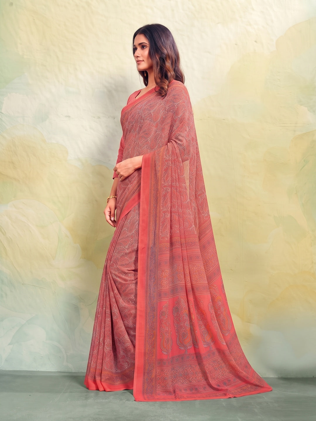 Peachmode Coral Printed Smart Chiffon Saree - Image 4