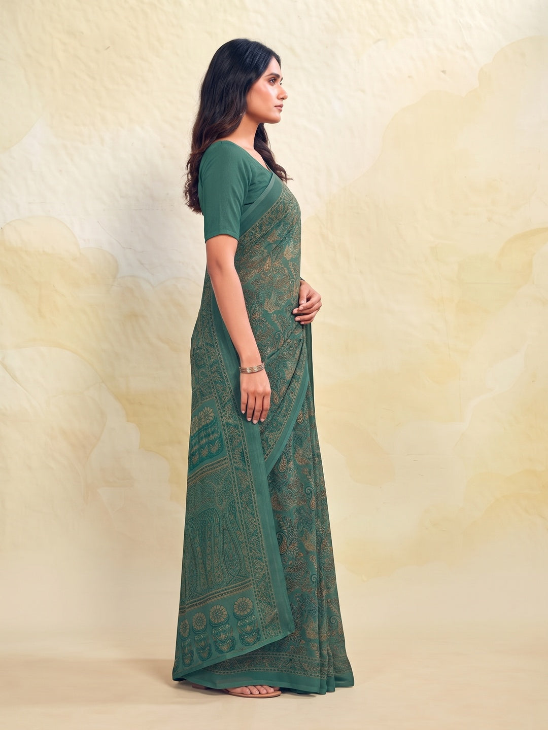 Peachmode Teal Printed Smart Chiffon Saree - Image 4