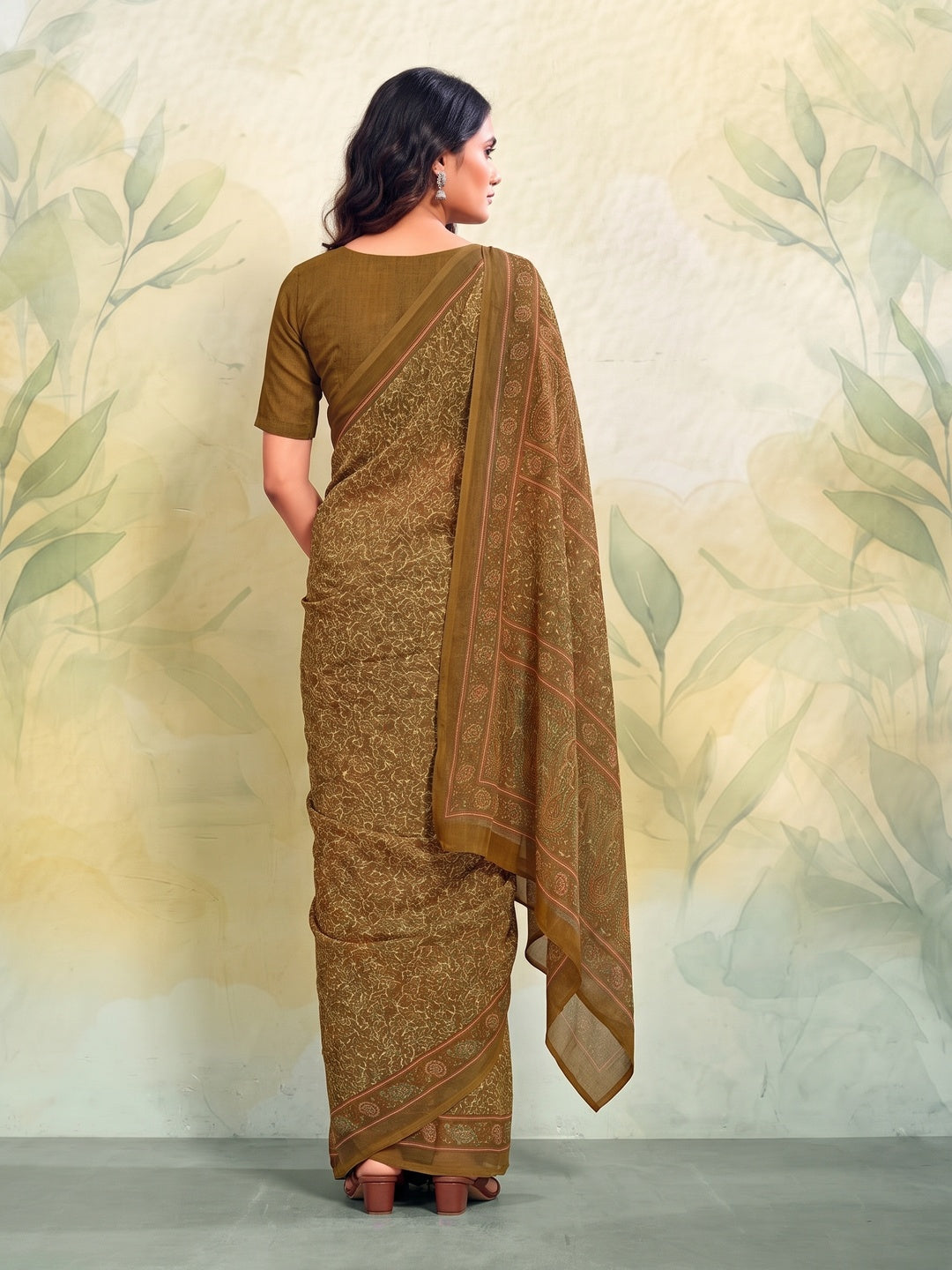 Peachmode Brown Printed Smart Chiffon Saree - Image 4