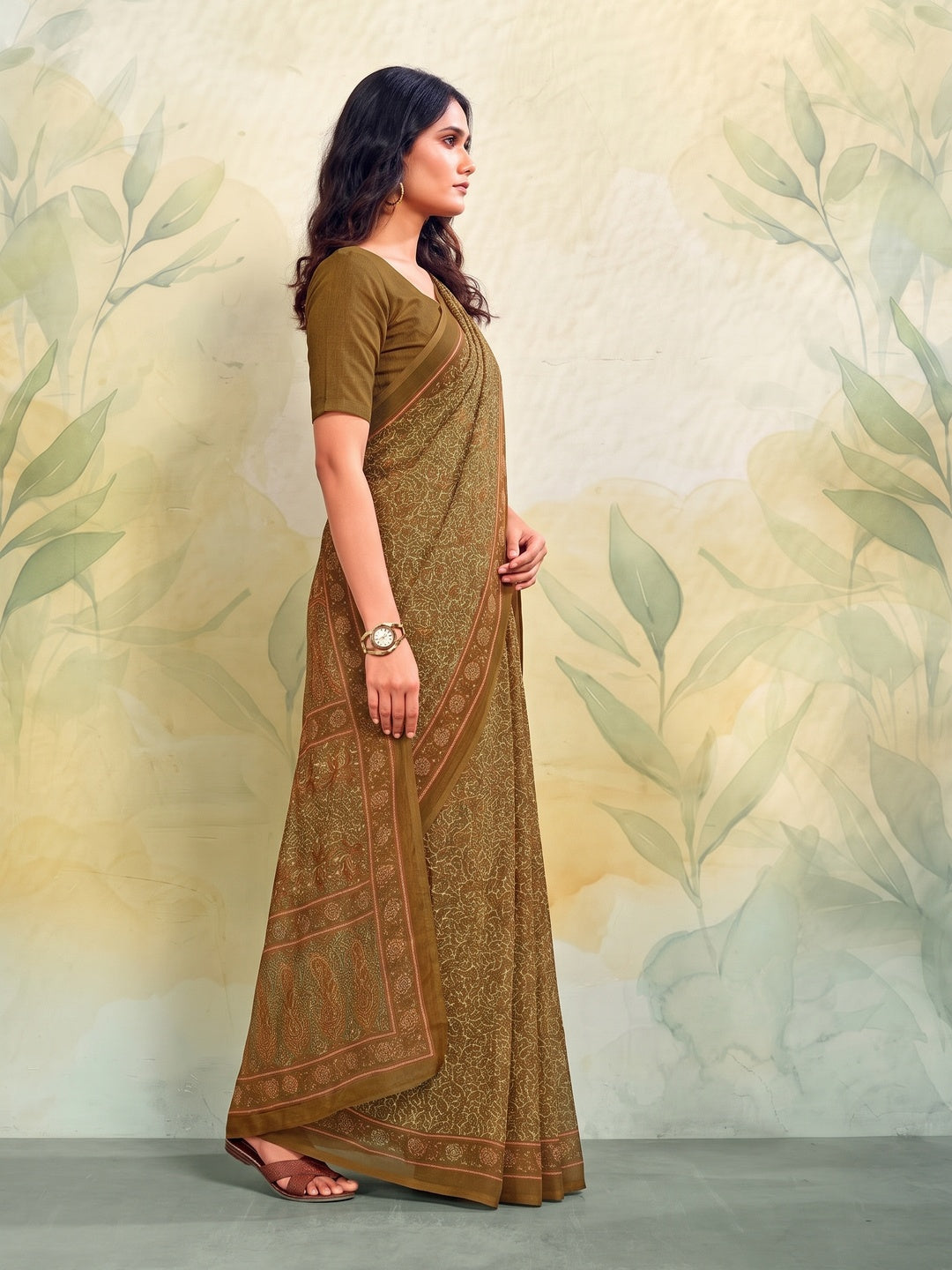 Peachmode Brown Printed Smart Chiffon Saree - Image 5
