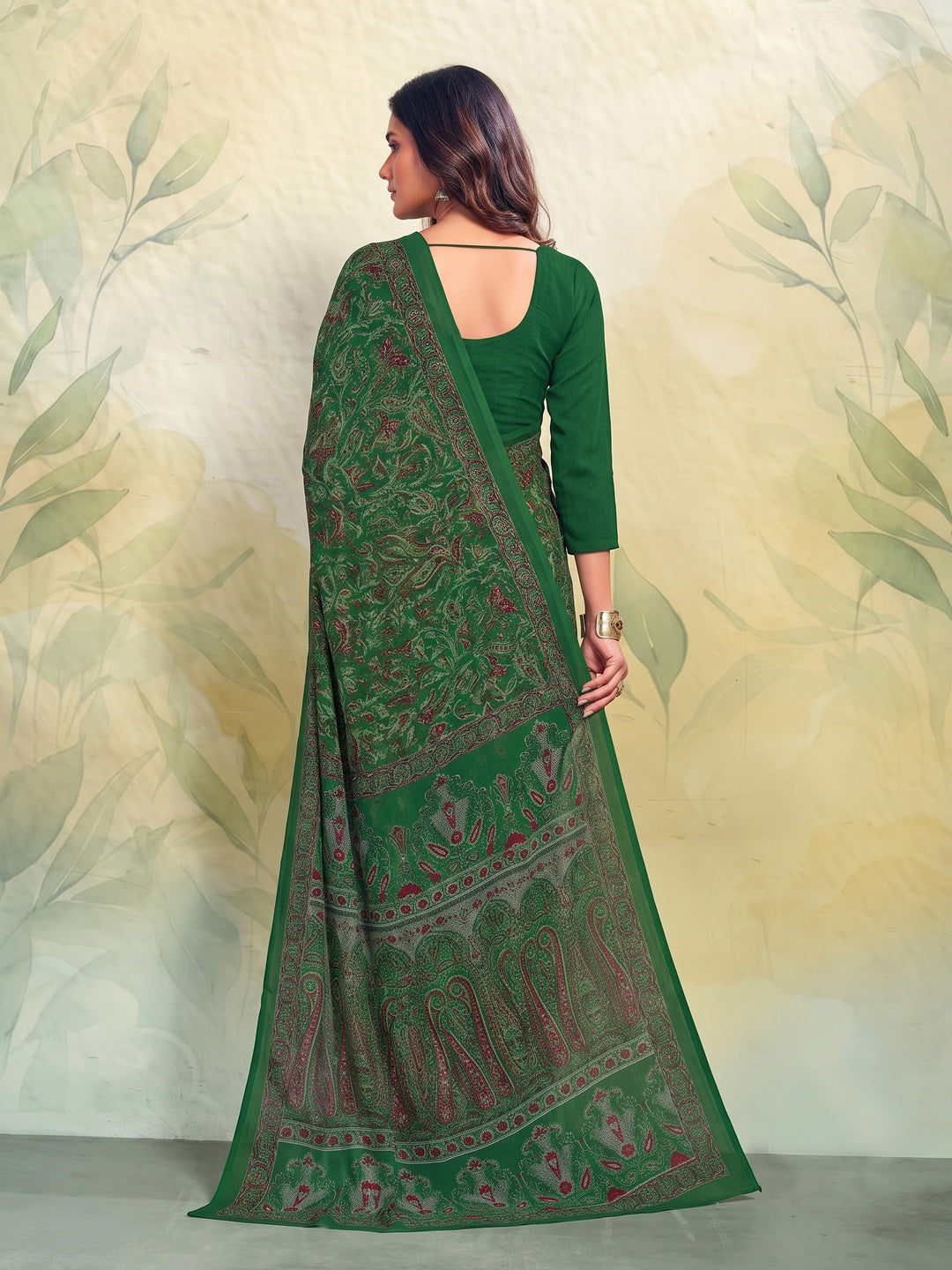 Peachmode Green Printed Smart Chiffon Saree - Image 3