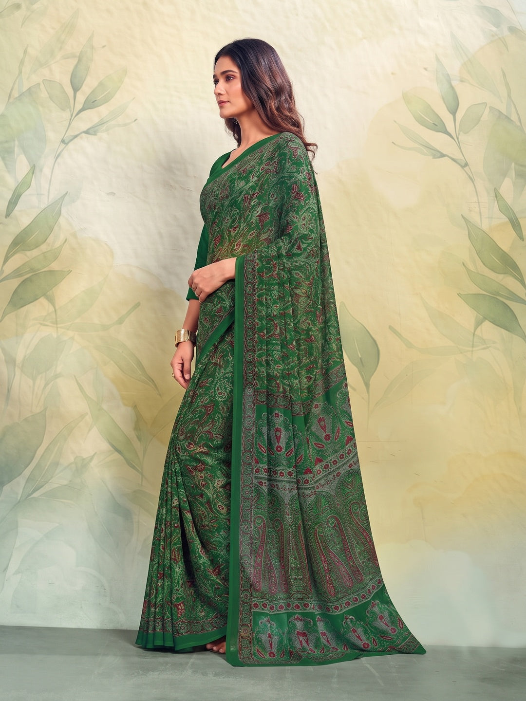 Peachmode Green Printed Smart Chiffon Saree - Image 4