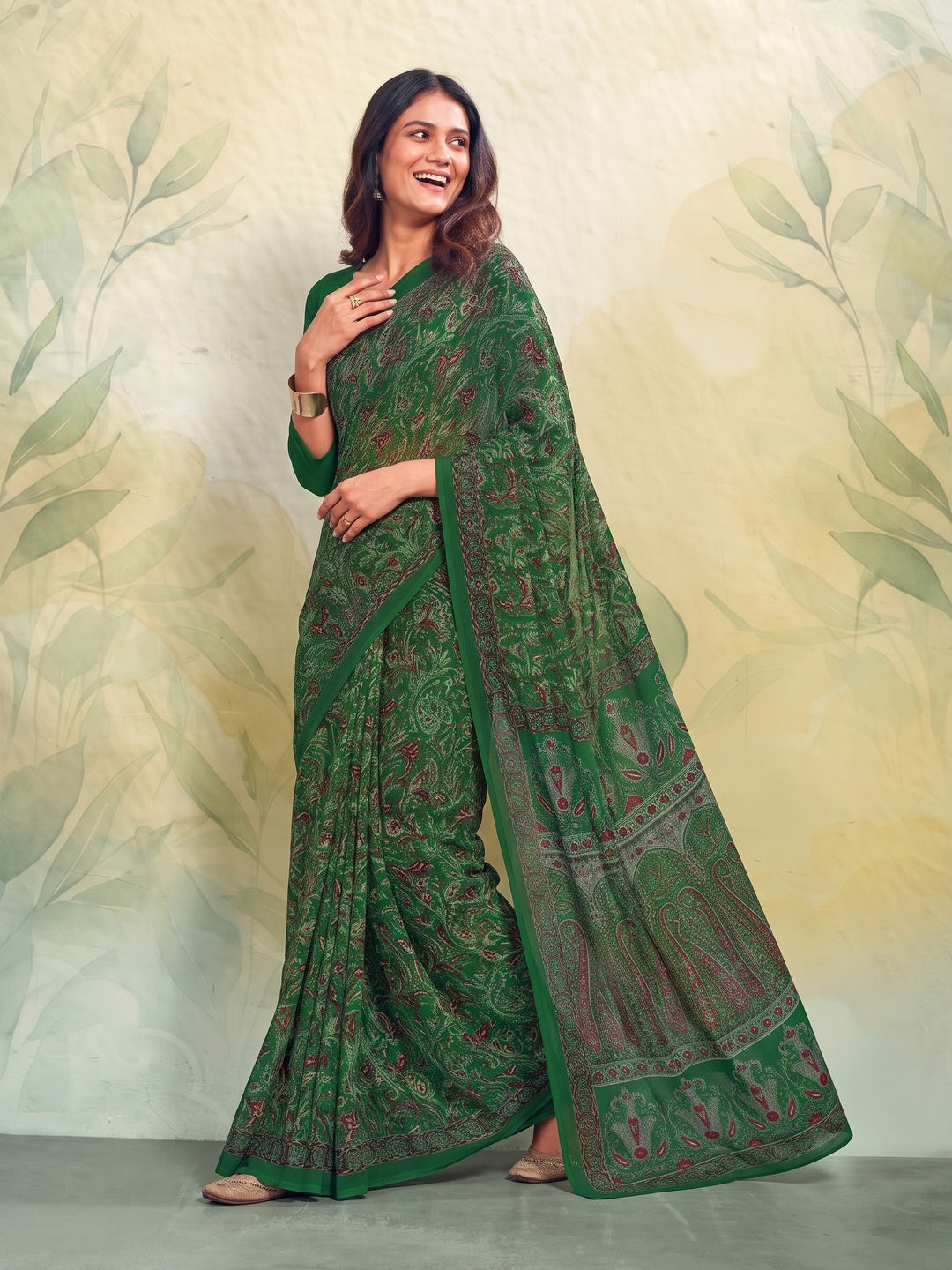 Peachmode Green Printed Smart Chiffon Saree - Image 5