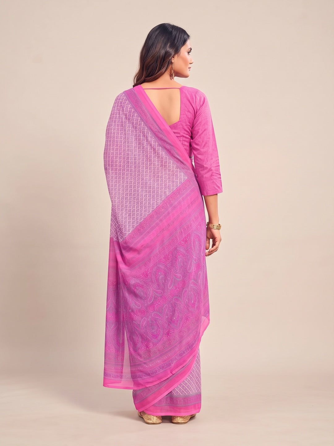 Peachmode Pink Printed Smart Chiffon Saree - Image 3
