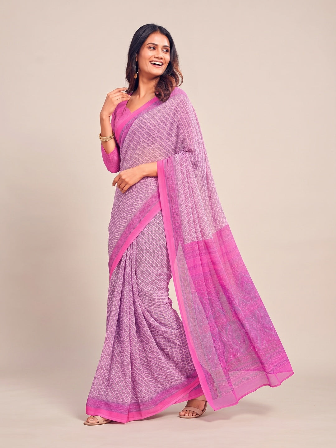 Peachmode Pink Printed Smart Chiffon Saree - Image 5