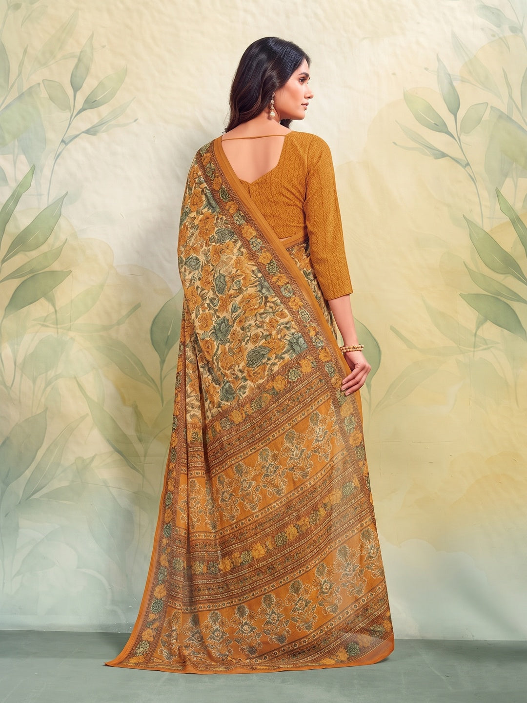 Peachmode Mustard Printed Smart Chiffon Saree - Image 4