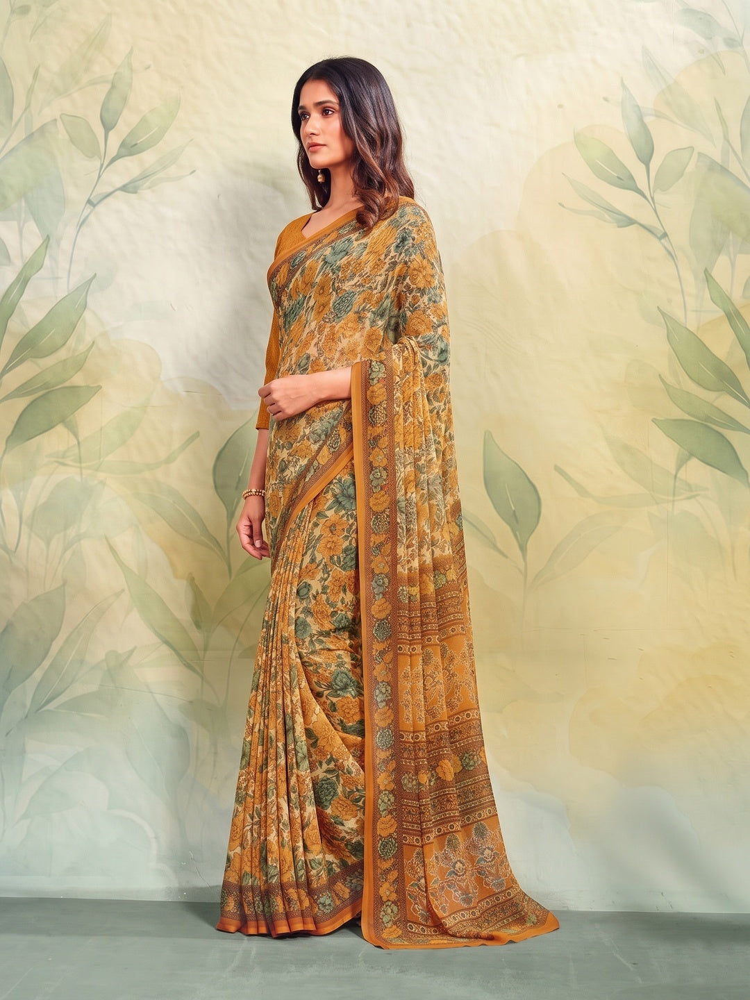 Peachmode Mustard Printed Smart Chiffon Saree - Image 5