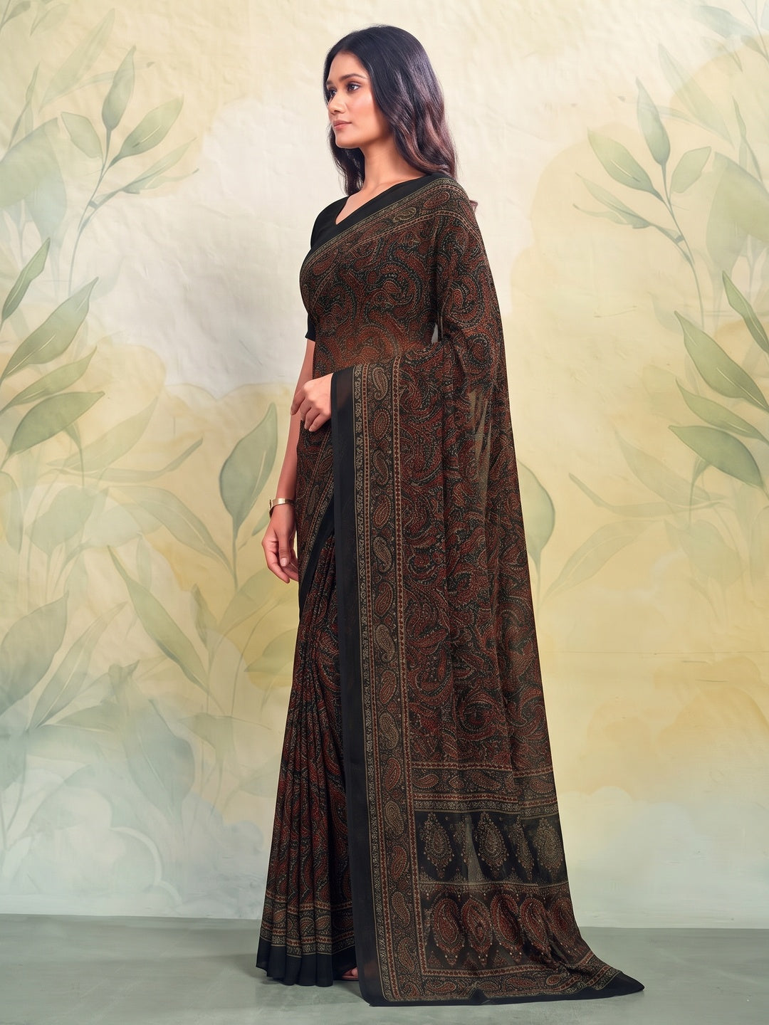 Peachmode Black Printed Smart Chiffon Saree - Image 4