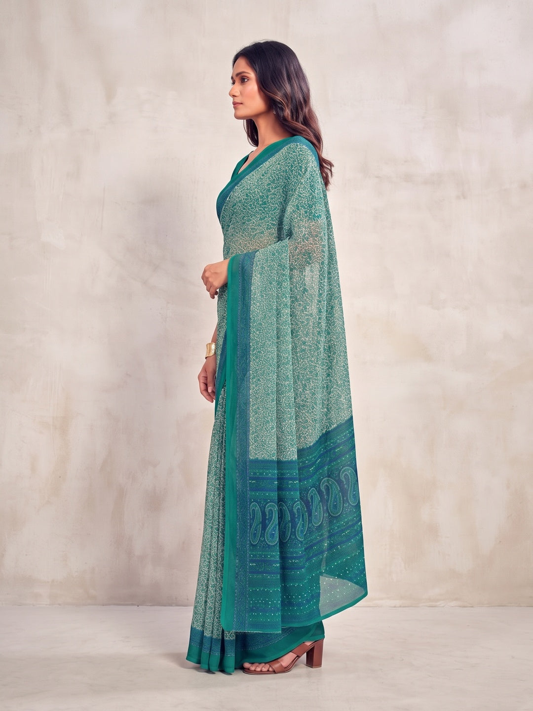Peachmode Teal Printed Smart Chiffon Saree - Image 3