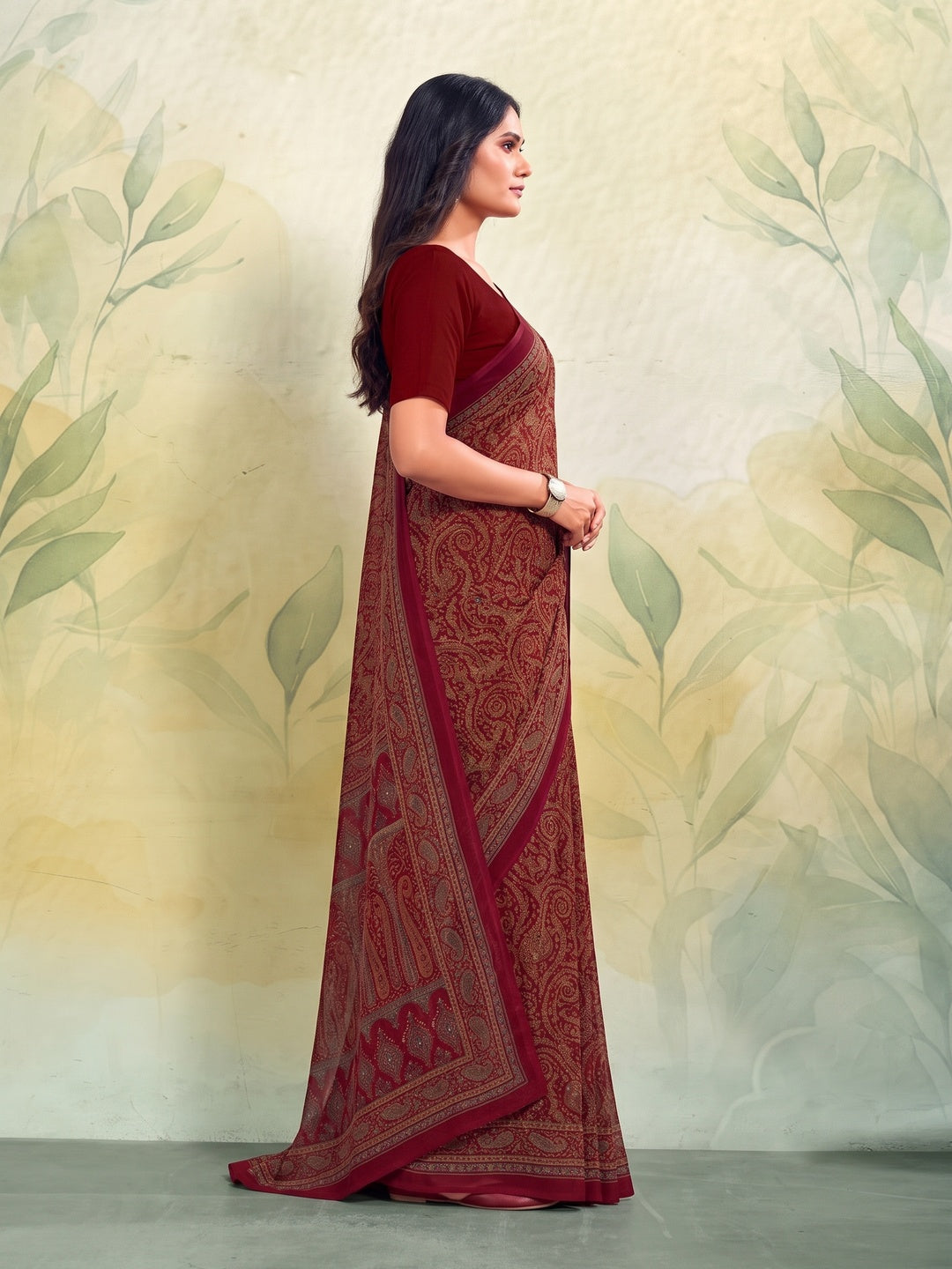 Peachmode Maroon Printed Smart Chiffon Saree - Image 5