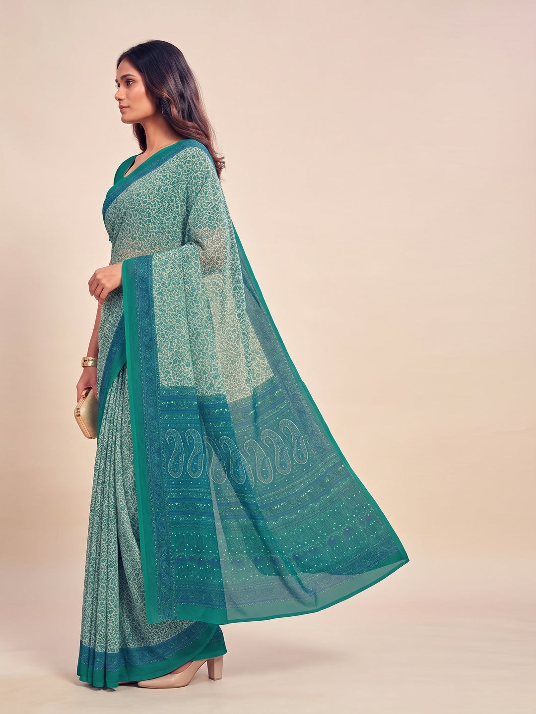 Peachmode Teal Printed Smart Chiffon Saree - Image 5